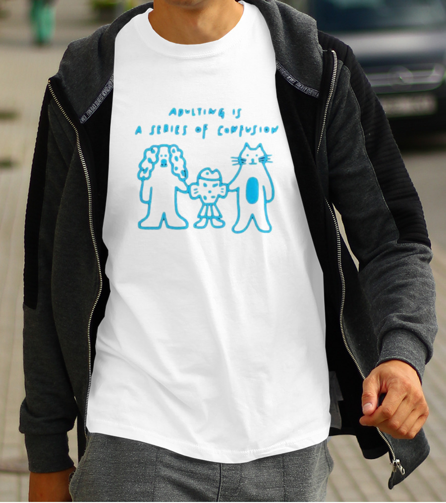 Adulting Is A Series Of Confusion With Bear, Fish, And Cat Characters T-Shirt