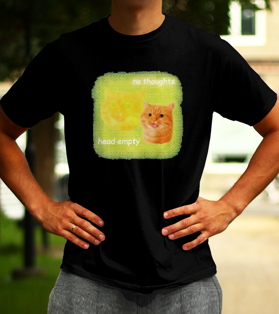 No Thoughts Head Empty Cat Meme Green Background T-Shirt