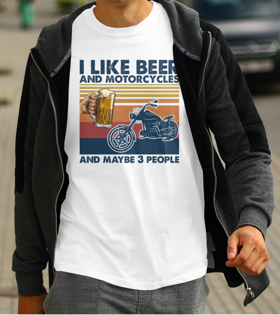 I Like Beer And Motorcycles And Maybe 3 People Striped Motif With Beer Mug And Motorcycle T-Shirt