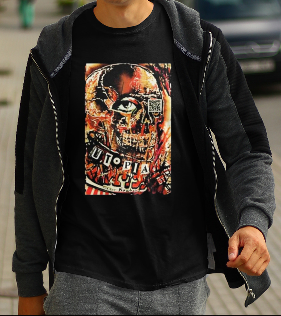 Utopia Means Nowhere Glitched Skull Collage With Eye And QR Code T-Shirt