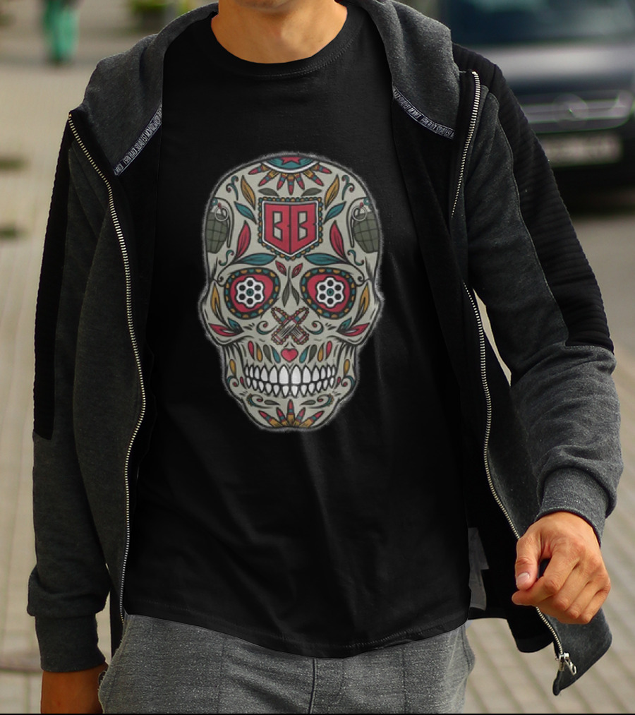 Bunker Branding BB Calaveras Skull Design With Grenades And Crossed Guns T-Shirt