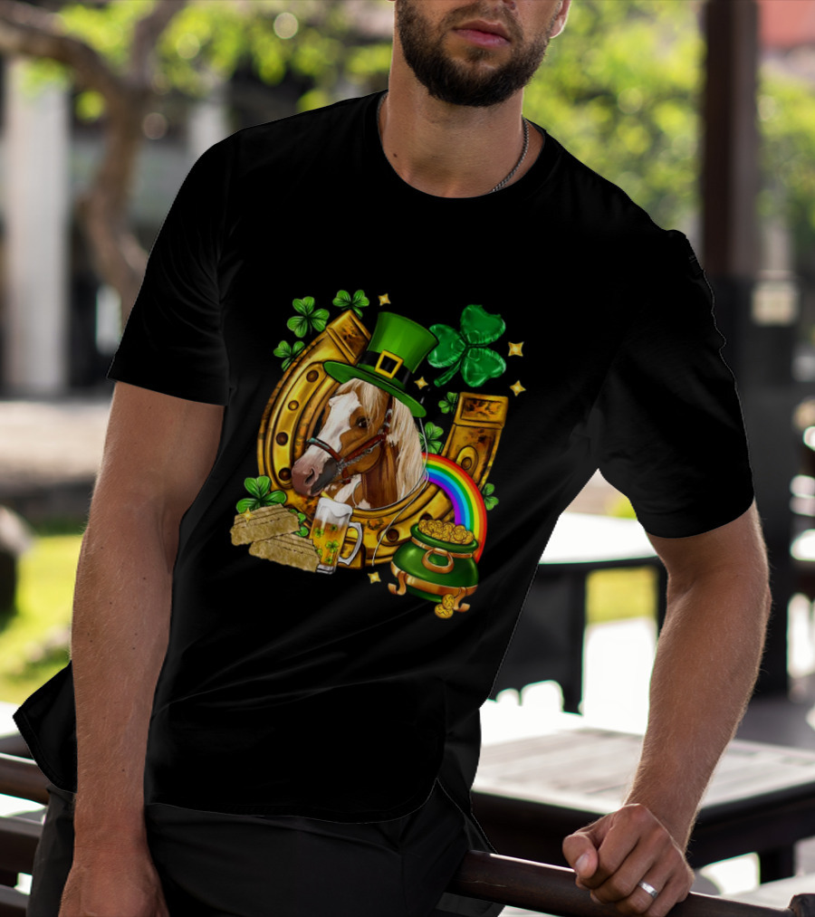 Horse Luck Gold Leprechaun Hat Shamrock Horseshoe Pot Of Gold Rainbow T-Shirt