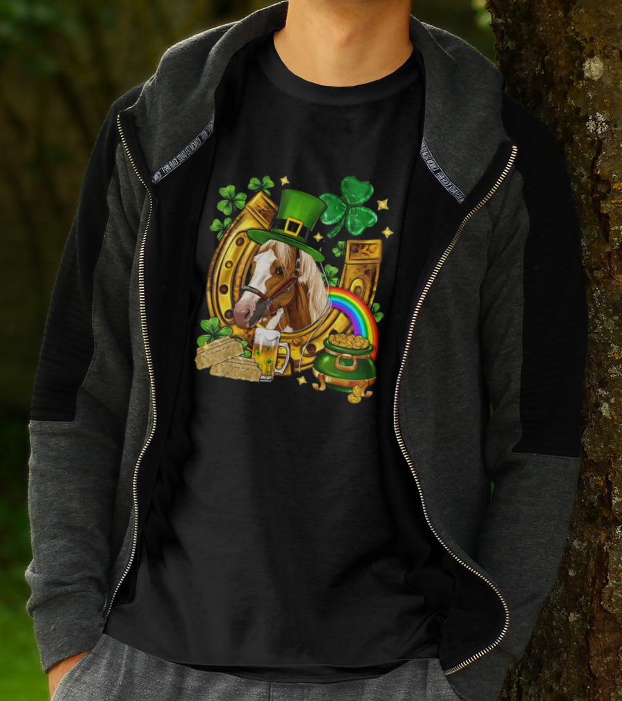 Horse Luck Gold Leprechaun Hat Shamrock Horseshoe Pot Of Gold Rainbow T-Shirt