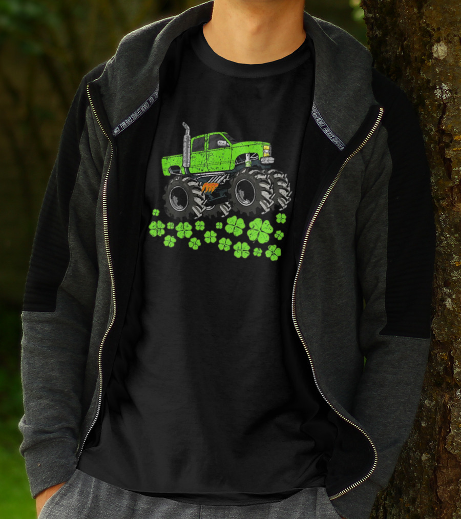 Kids Boys St Patricks Day Toddler Lucky Green Monster Truck With Shamrocks T-Shirt
