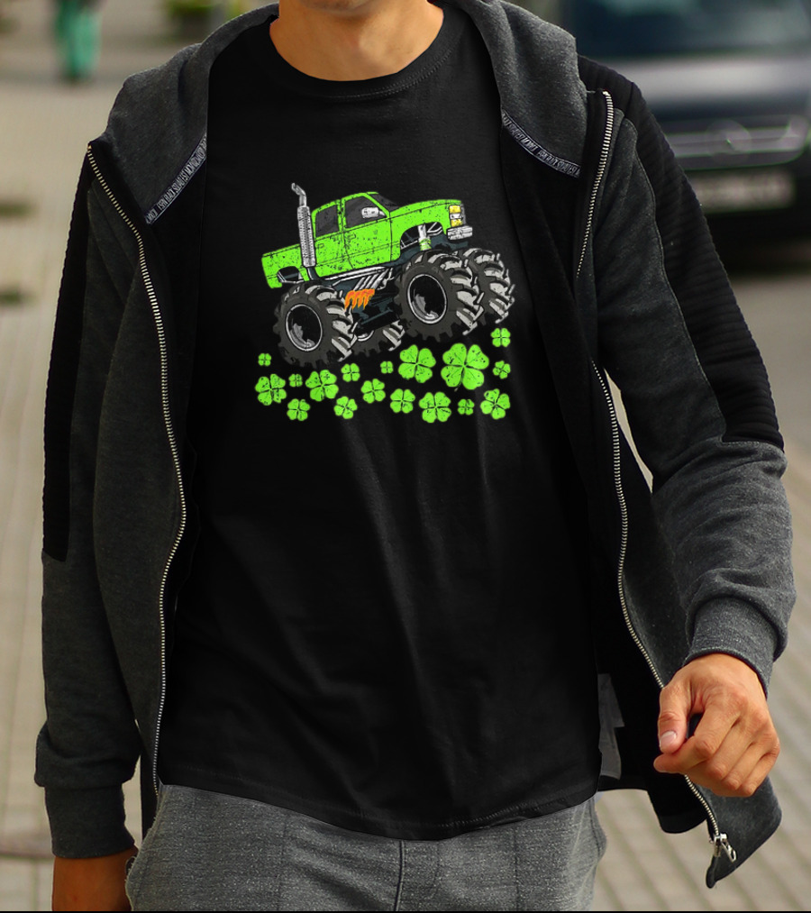 Kids Boys St Patricks Day Toddler Lucky Green Monster Truck With Shamrocks T-Shirt