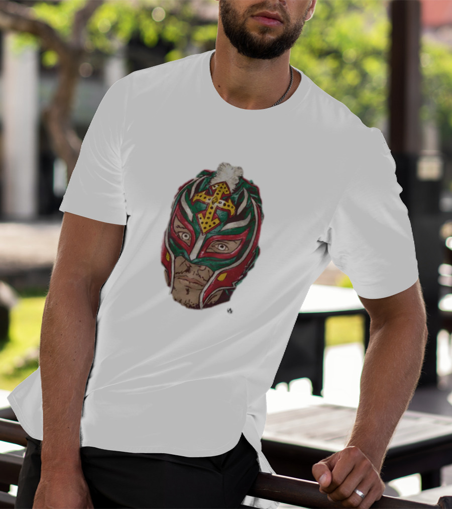 Men's Black Rey Mysterio Mask Face With Colorful Wrestling Headdress And Cross T-Shirt