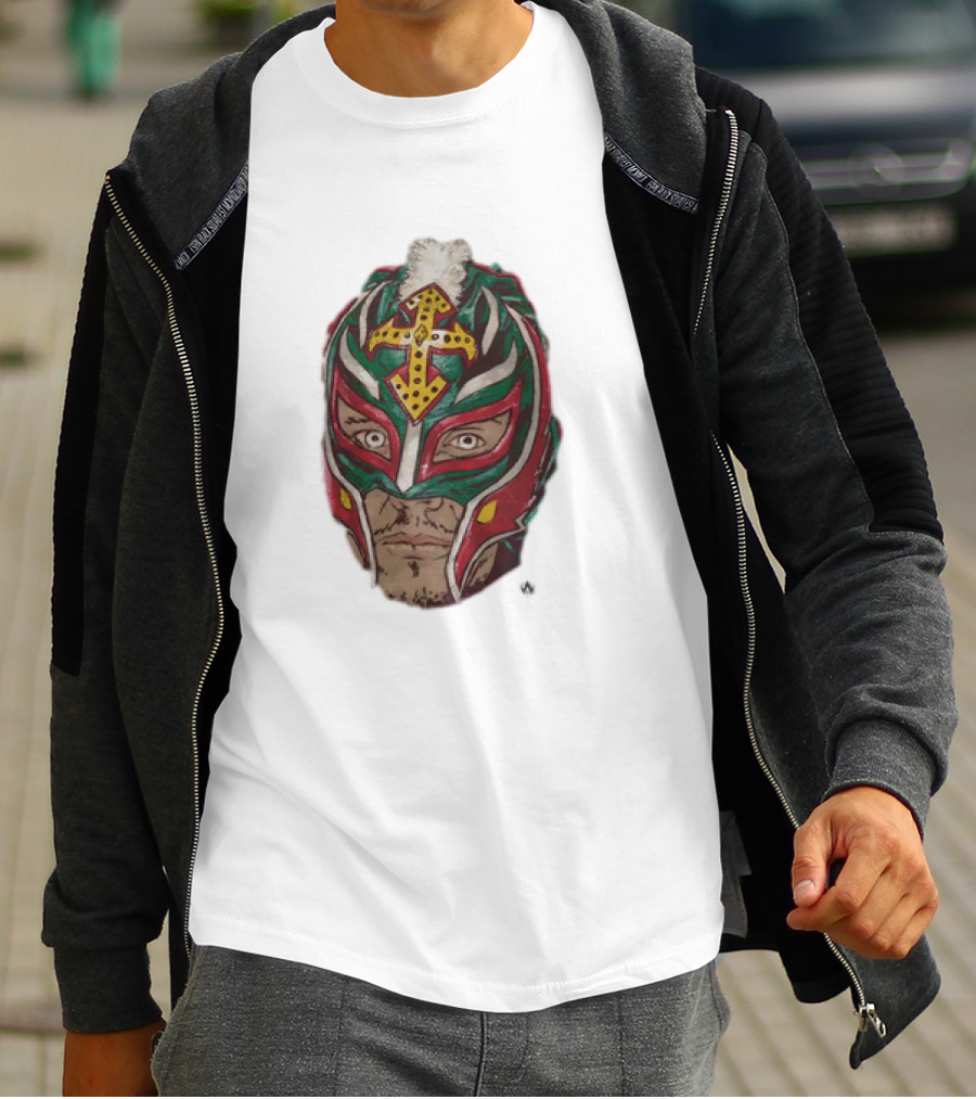 Men's Black Rey Mysterio Mask Face With Colorful Wrestling Headdress And Cross T-Shirt