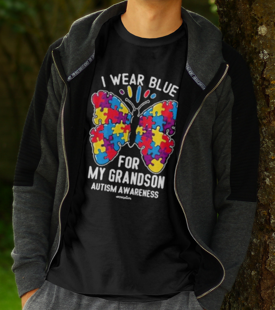 I Wear Blue Butterfly Puzzle My Grandson Autism Awareness T-Shirt