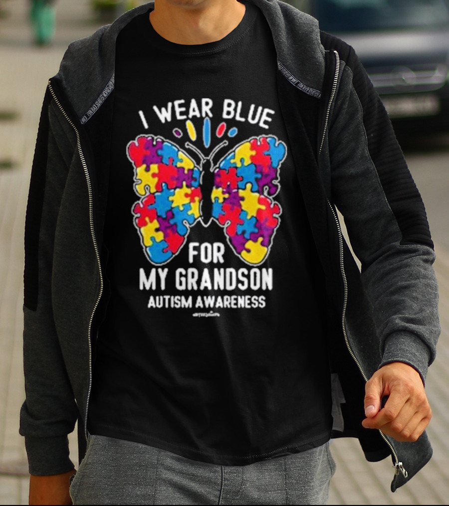 I Wear Blue Butterfly Puzzle My Grandson Autism Awareness T-Shirt