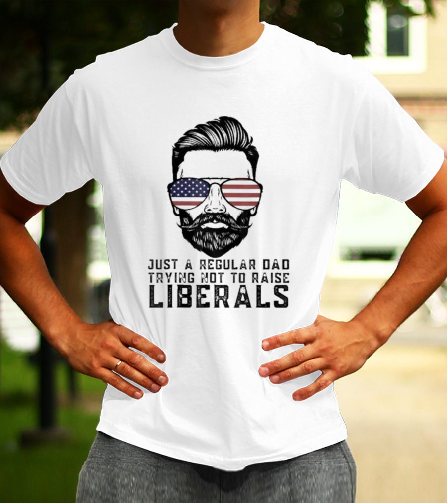 Just A Regular Dad Trying Not To Raise Liberals American Flag Sunglasses T-Shirt