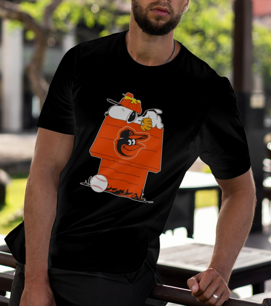 Snoopy And Woodstock Sleeping On Baltimore Orioles Themed Doghouse With Baseball T-Shirt