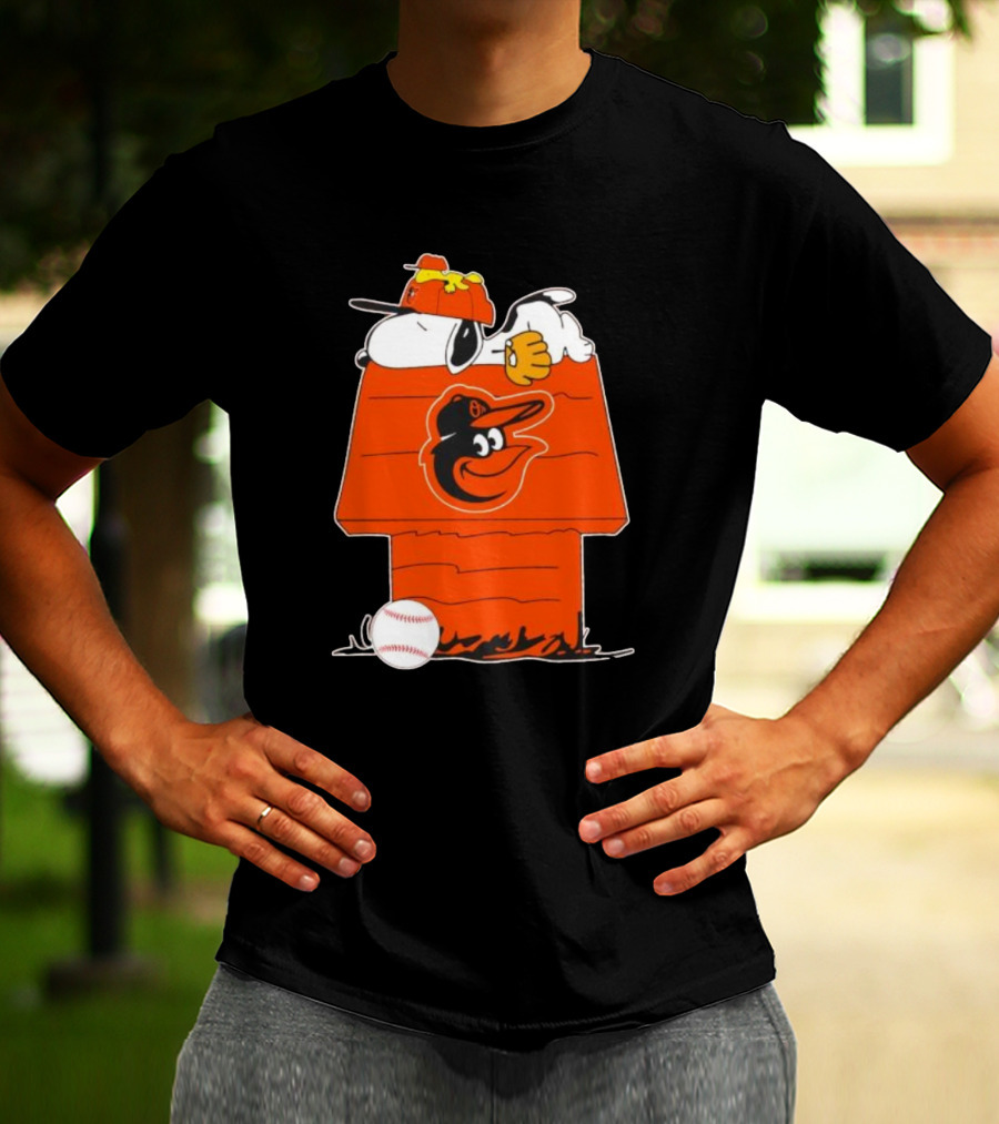 Snoopy And Woodstock Sleeping On Baltimore Orioles Themed Doghouse With Baseball T-Shirt
