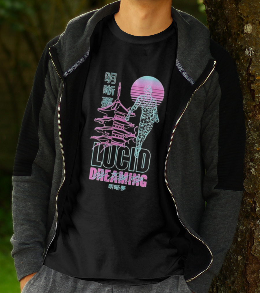Lucid Dreaming Tokyo Japan Neon Pagoda And Wireframe Figure T-Shirt