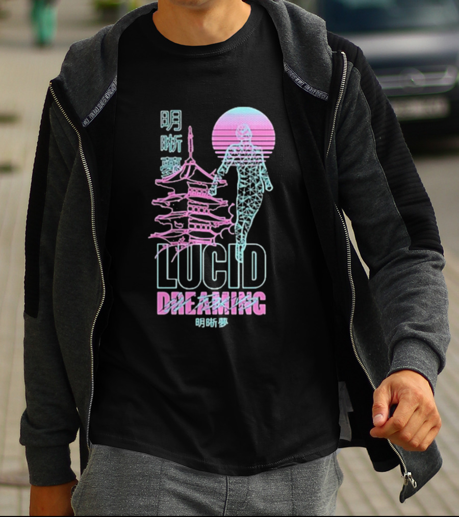 Lucid Dreaming Tokyo Japan Neon Pagoda And Wireframe Figure T-Shirt