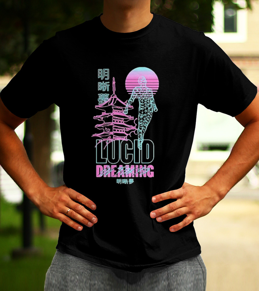 Lucid Dreaming Tokyo Japan Neon Pagoda And Wireframe Figure T-Shirt
