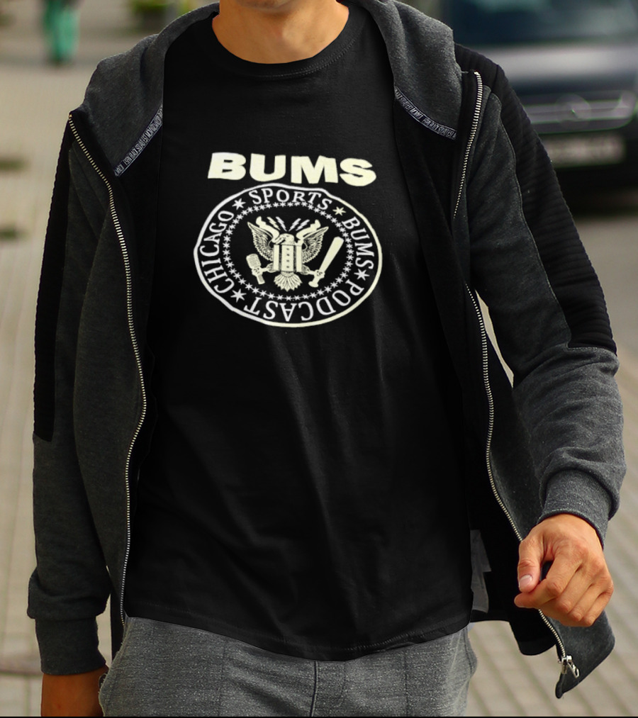 Bums Sports Bums Podcast Chicago Eagle Seal Baseball Mic Bat T-Shirt