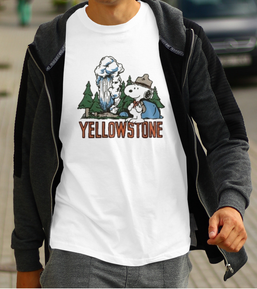 Peanuts Snoopy Yellowstone Camping Scene With Geyser And Forest T-Shirt