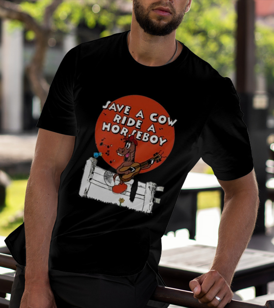 Save A Cow Ride A Horseboy Cartoon Horse Playing Guitar T-Shirt