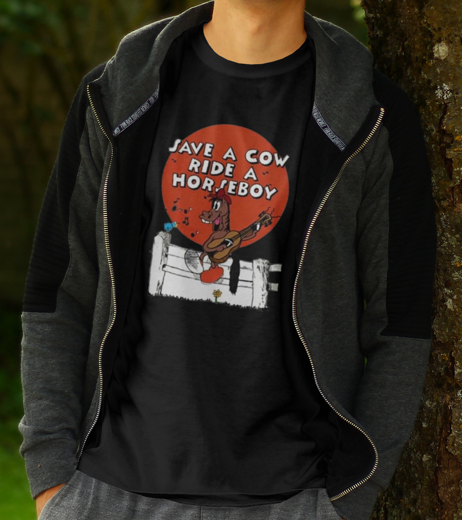Save A Cow Ride A Horseboy Cartoon Horse Playing Guitar T-Shirt