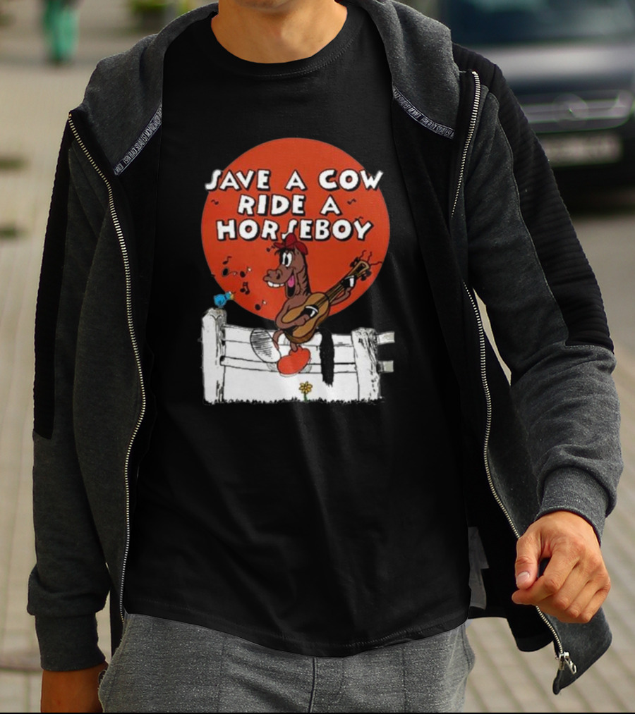 Save A Cow Ride A Horseboy Cartoon Horse Playing Guitar T-Shirt