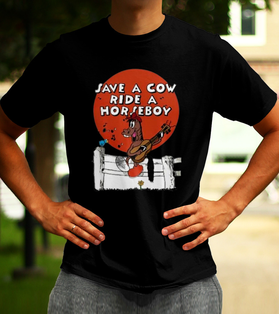 Save A Cow Ride A Horseboy Cartoon Horse Playing Guitar T-Shirt