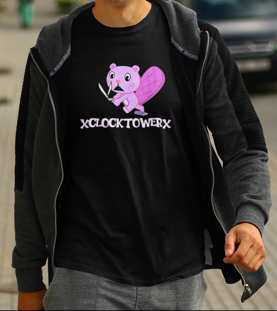 XCLOCKTOWERX Running With Scissors Pink Cartoon Beaver T-Shirt