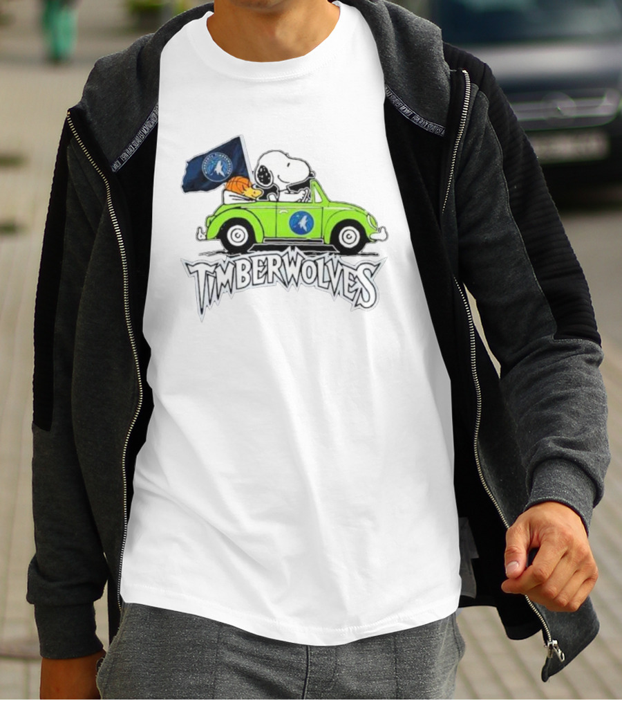 Minnesota Timberwolves Snoopy Forever Fan Driving Car With Timberwolves Flag T-Shirt