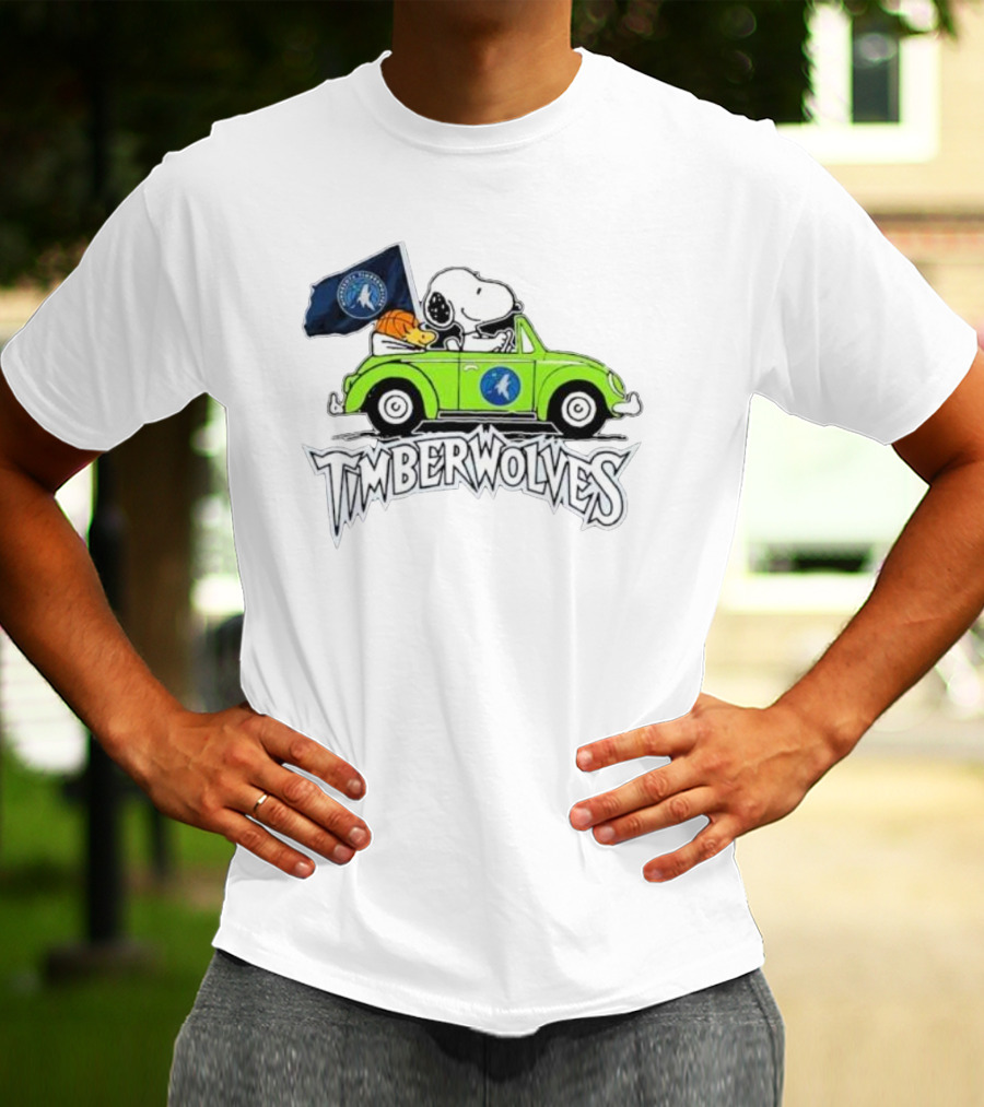 Minnesota Timberwolves Snoopy Forever Fan Driving Car With Timberwolves Flag T-Shirt