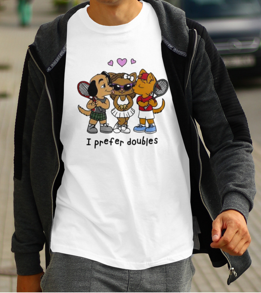 I Prefer Doubles Cute Animals With Tennis Rackets And Hearts T-Shirt