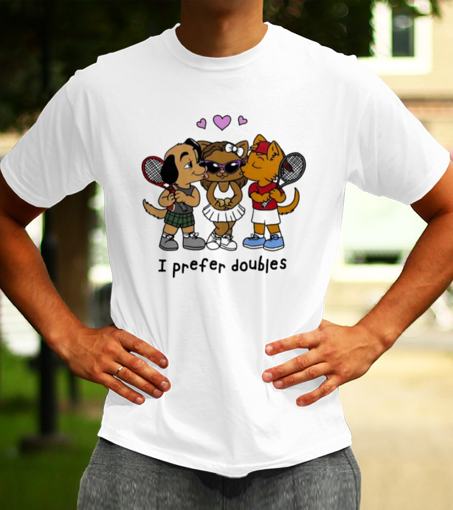 I Prefer Doubles Cute Animals With Tennis Rackets And Hearts T-Shirt