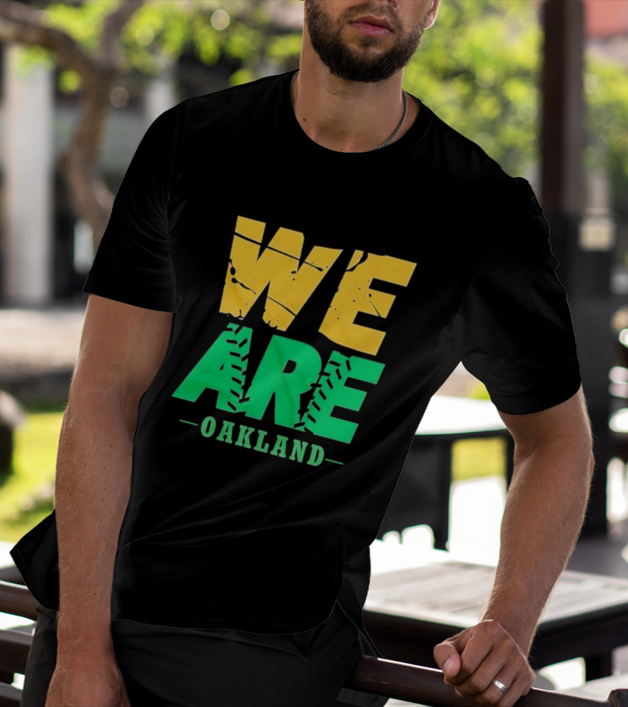 WE ARE OAKLAND Yellow Green Text Baseball Seam T-Shirt