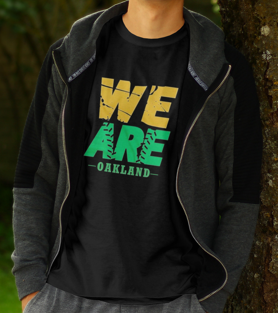 WE ARE OAKLAND Yellow Green Text Baseball Seam T-Shirt