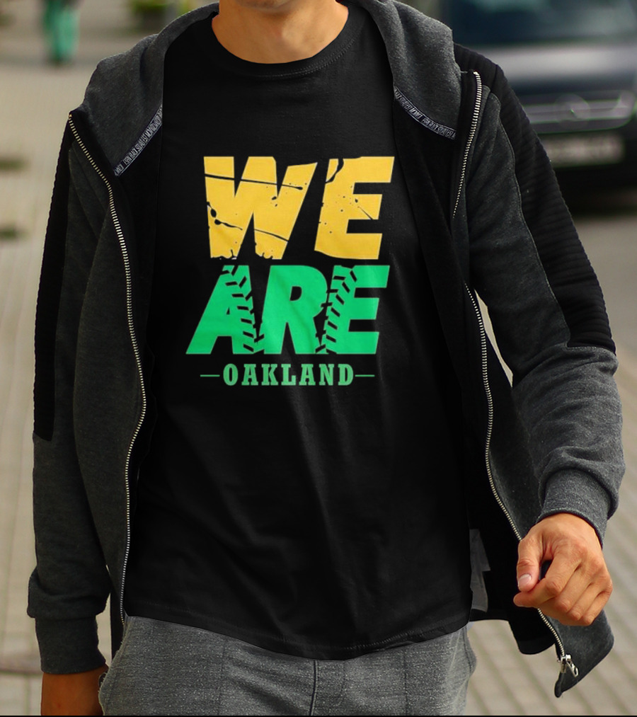 WE ARE OAKLAND Yellow Green Text Baseball Seam T-Shirt
