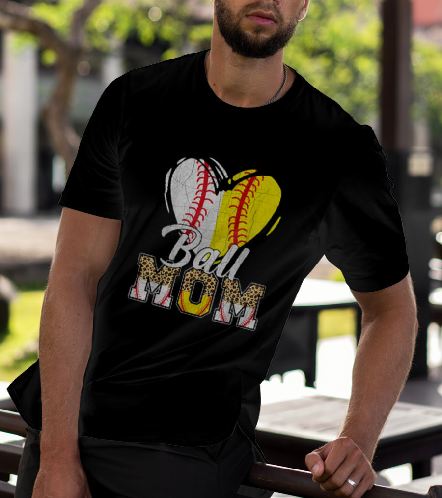 Ball Mom Heart Leopard Baseball Softball Vintage Women T-Shirt