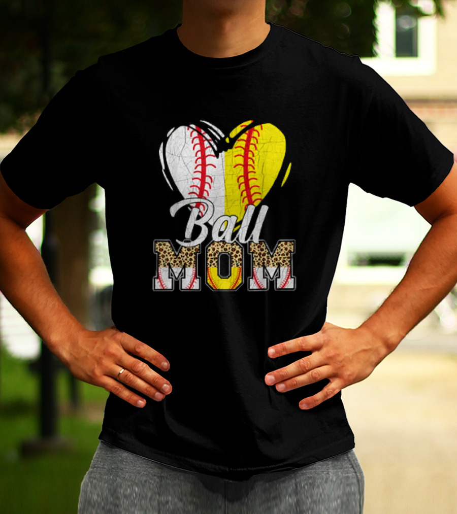 Ball Mom Heart Leopard Baseball Softball Vintage Women T-Shirt