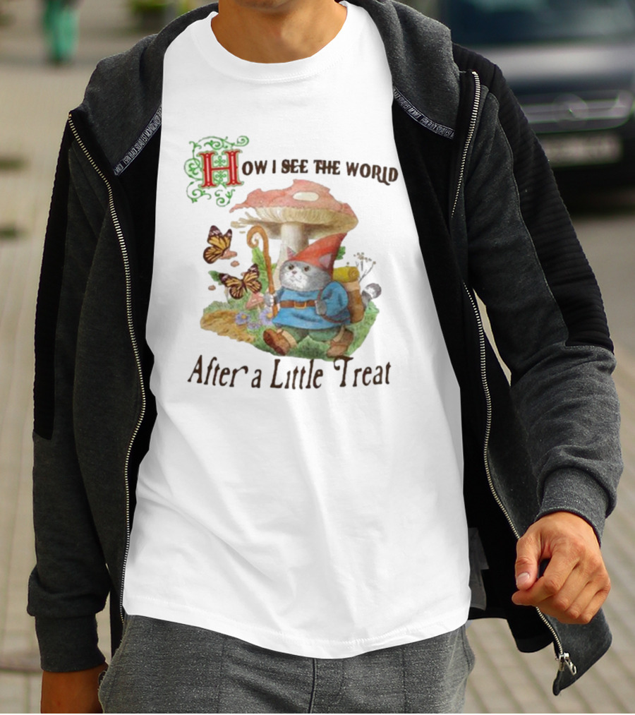 Jmcgg How I See The World After A Little Treat With Mushroom And Gnome Cat T-Shirt