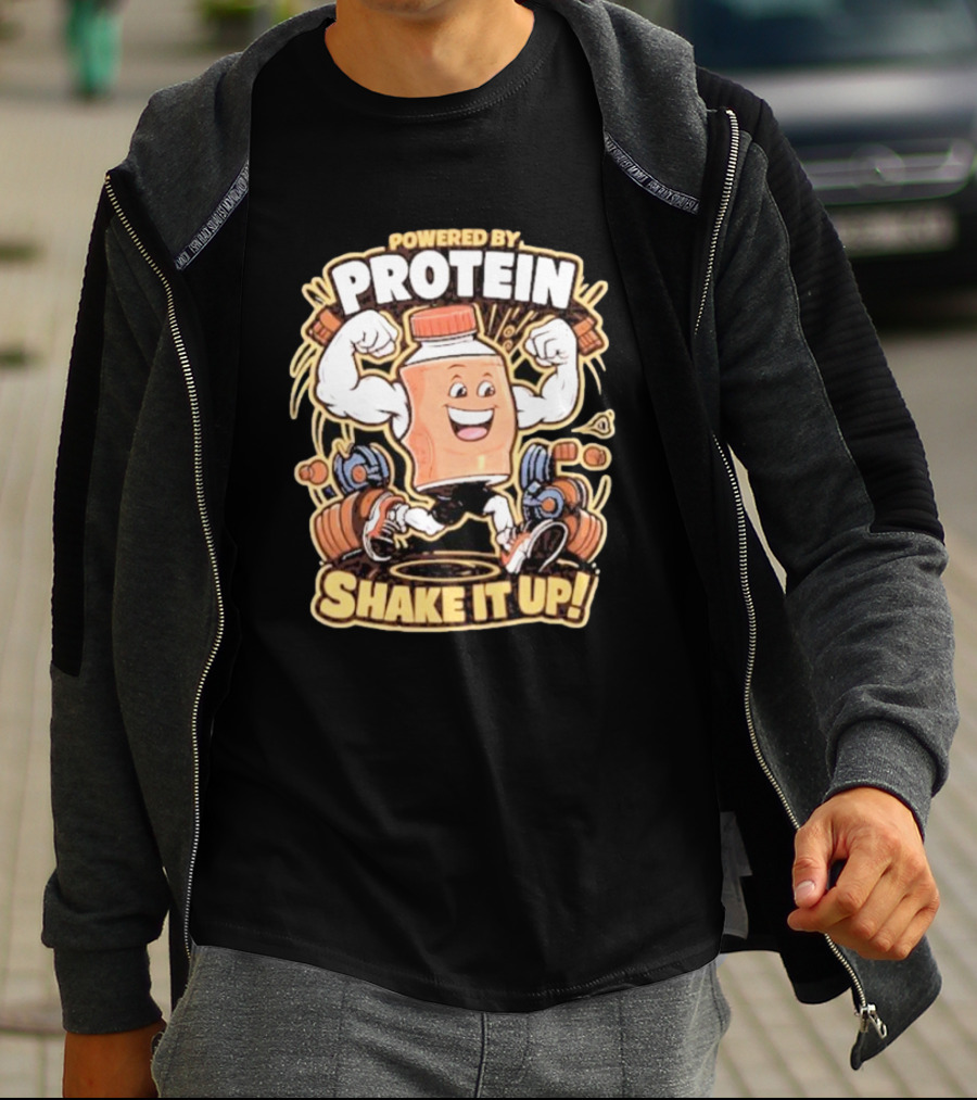 Powered By Protein Shake It Up Flexing Cartoon Bottle With Weights T-Shirt