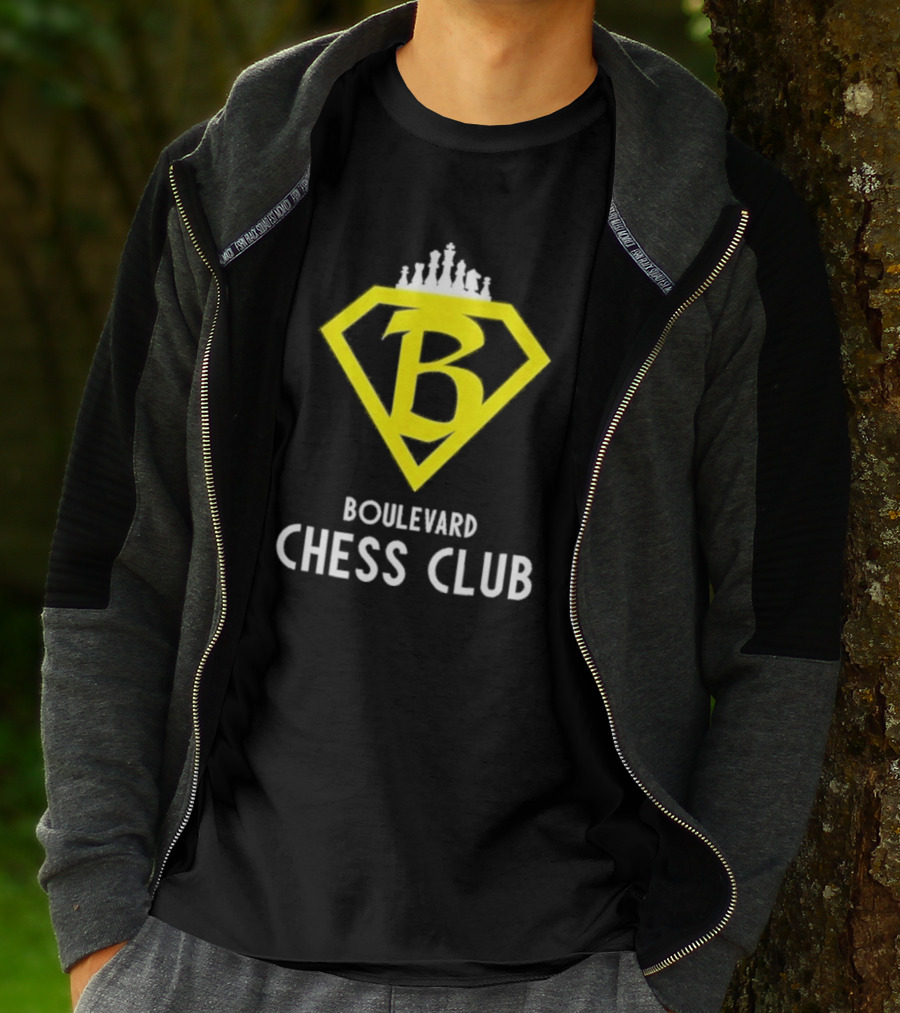 Boulevard Chess Club Logo With Yellow Diamond And Chess Pieces T-Shirt