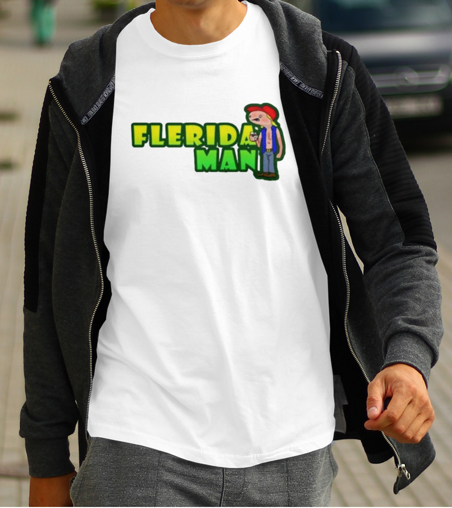 Flerida Man Beer Drinking Cartoon Character With Red Cap And Green Letters T-Shirt