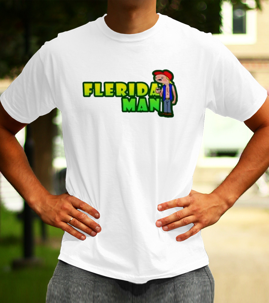 Flerida Man Beer Drinking Cartoon Character With Red Cap And Green Letters T-Shirt