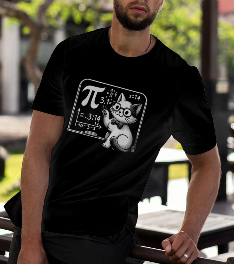 Pi 3.14 Cat With Glasses And Chalkboard Equations T-Shirt