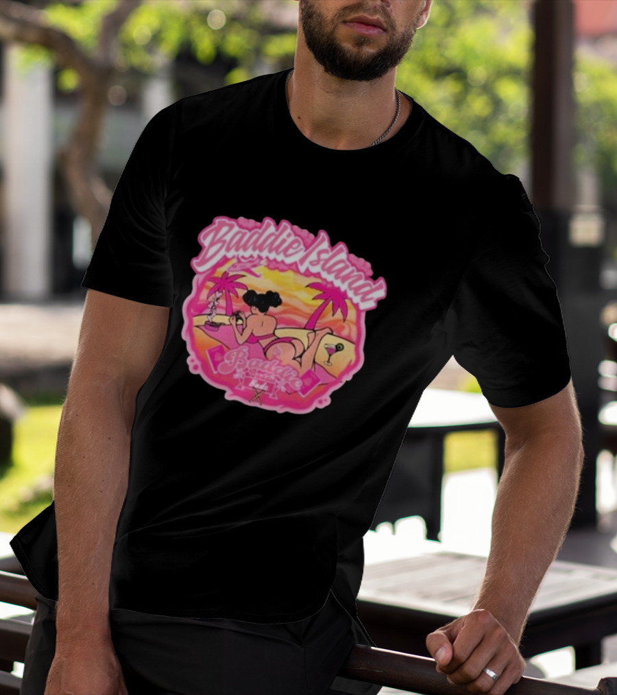 Baddie Island Summer Scene With Palm Trees And Cocktail Imagery - Baddie Budz Vibe T-Shirt