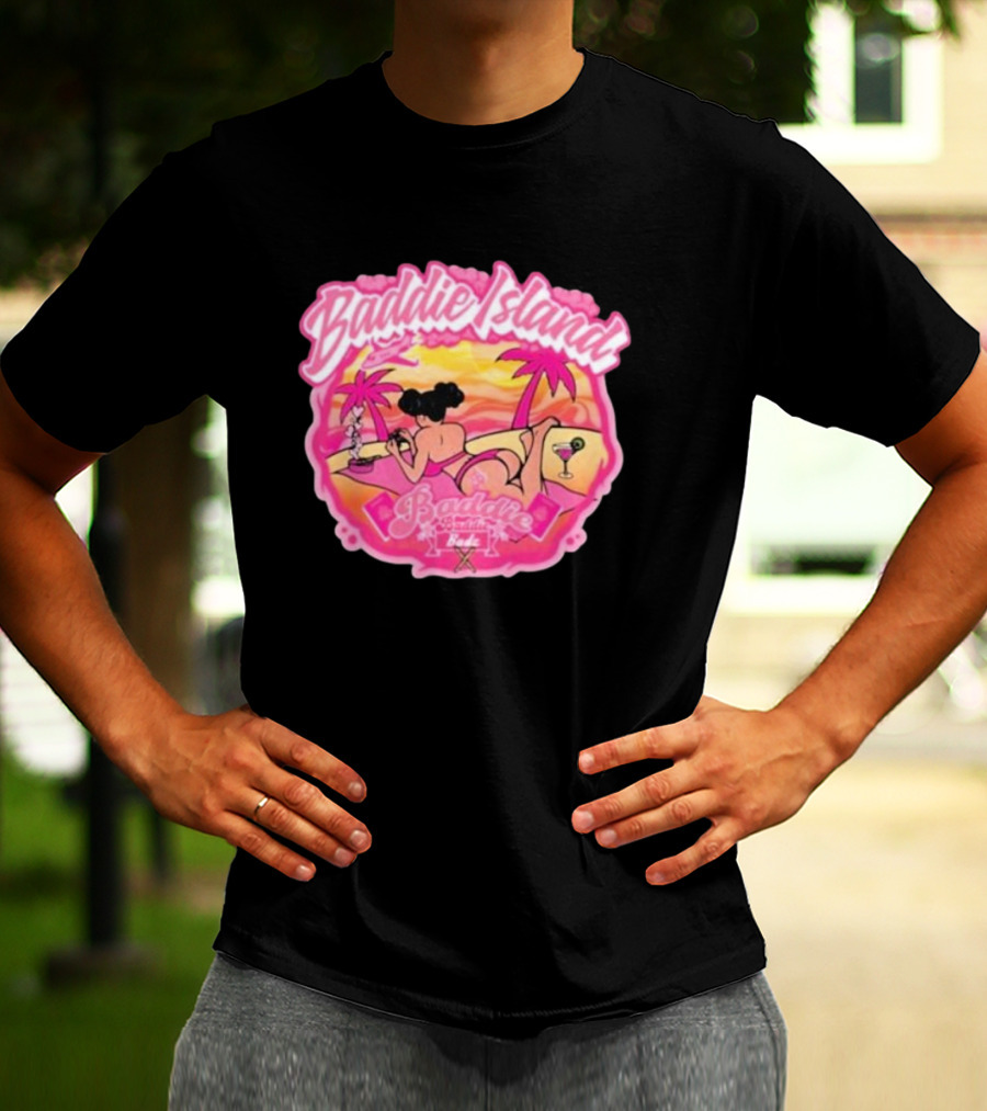 Baddie Island Summer Scene With Palm Trees And Cocktail Imagery - Baddie Budz Vibe T-Shirt