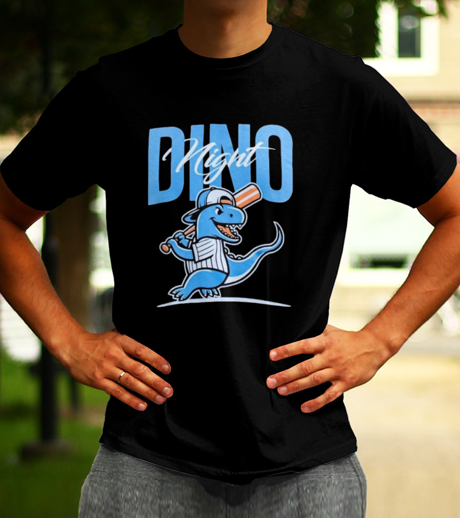 Dino Night Baseball Player Dinosaur In Cap With Bat T-Shirt