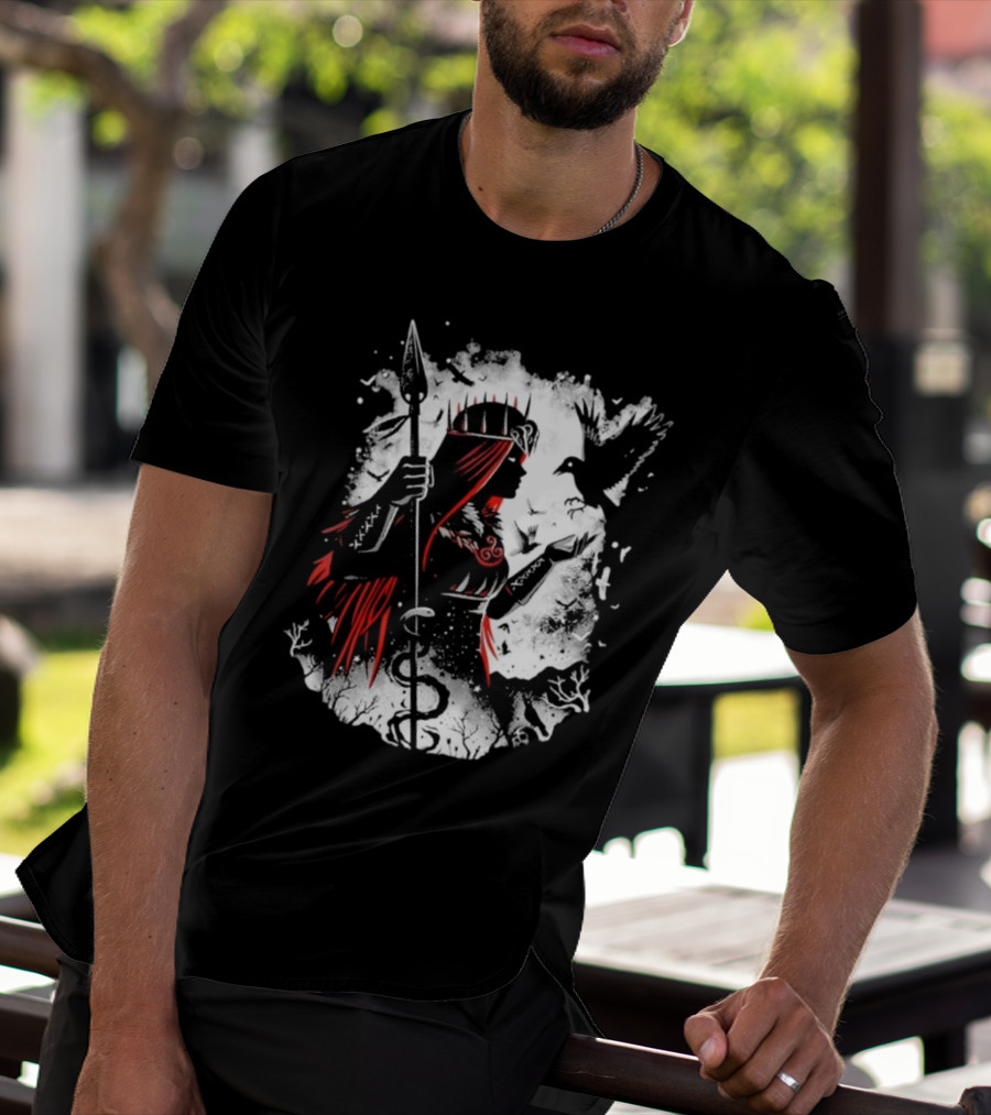 Goddess Of Fate And War With Spear And Raven T-Shirt