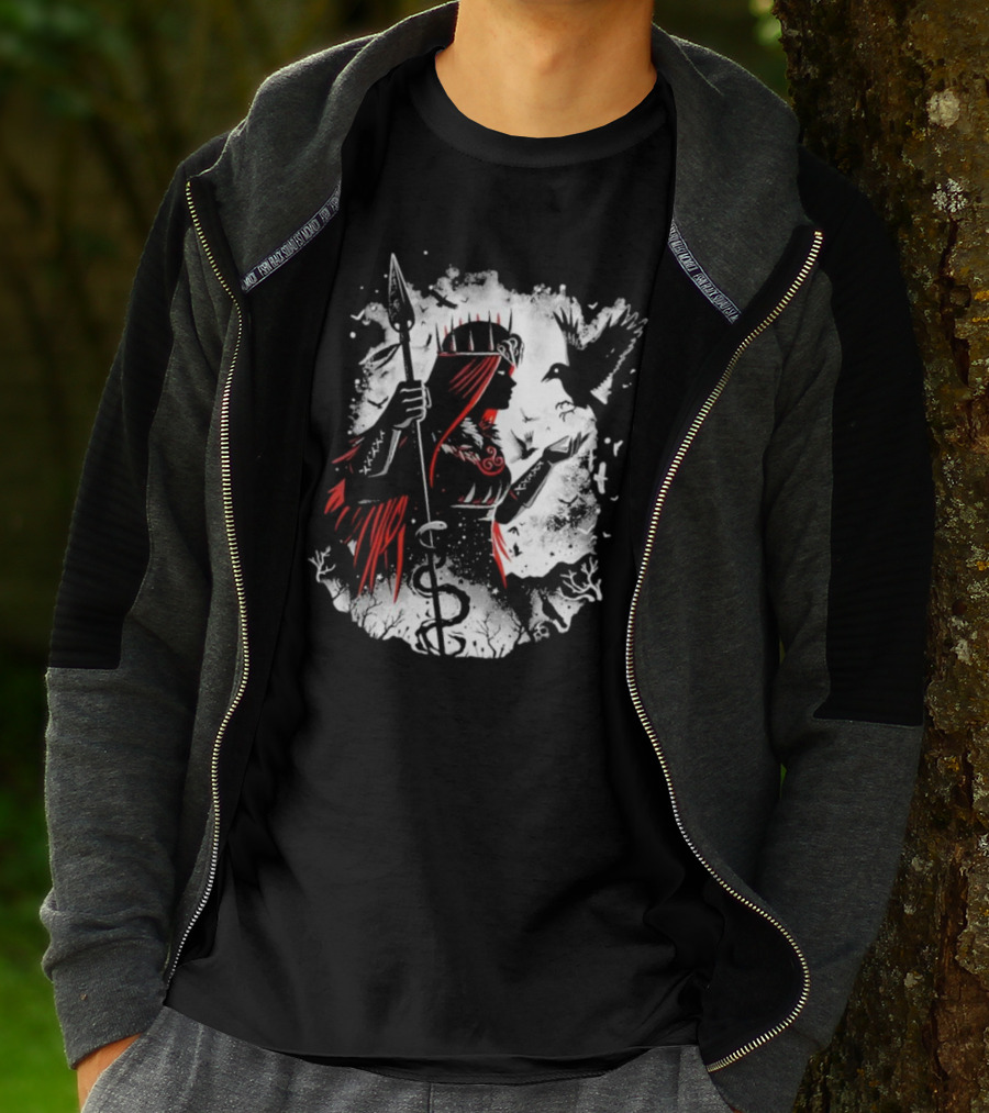 Goddess Of Fate And War With Spear And Raven T-Shirt