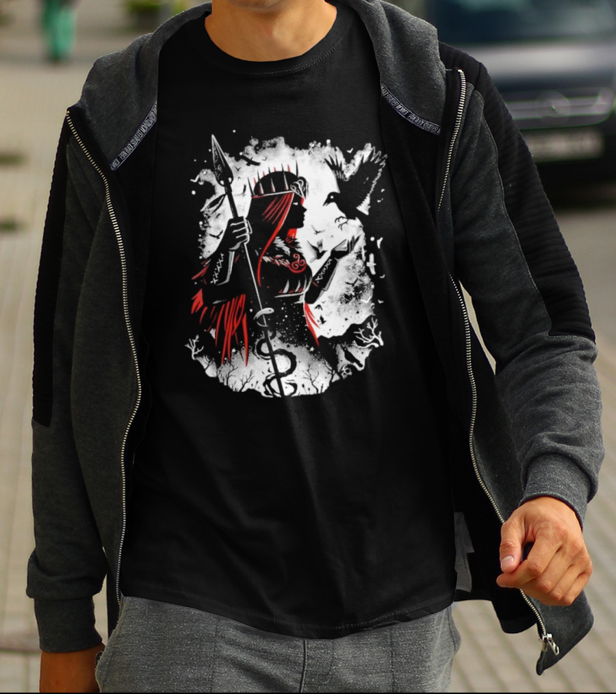 Goddess Of Fate And War With Spear And Raven T-Shirt