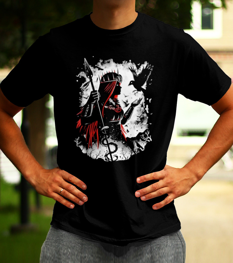 Goddess Of Fate And War With Spear And Raven T-Shirt