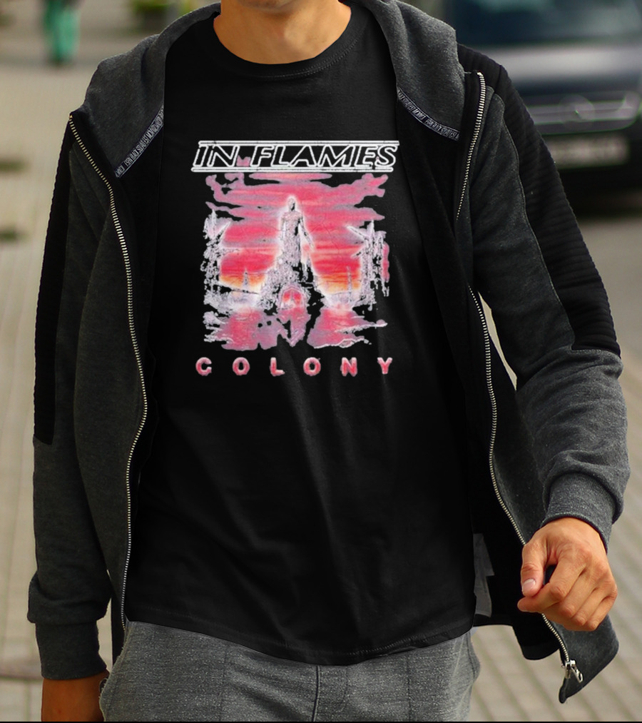 In Flames Colony Silhouette And Abstract Pink Brushstrokes T-Shirt
