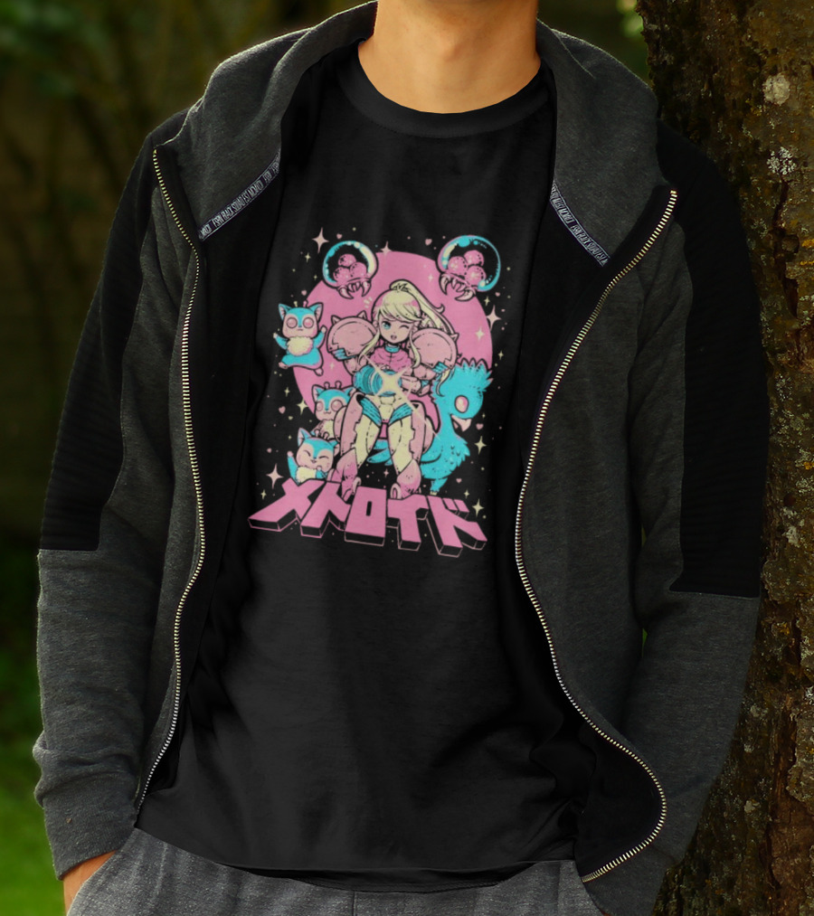 Metroid Pop Art Space Hero Anime Style Pink And Blue Retro T-Shirt